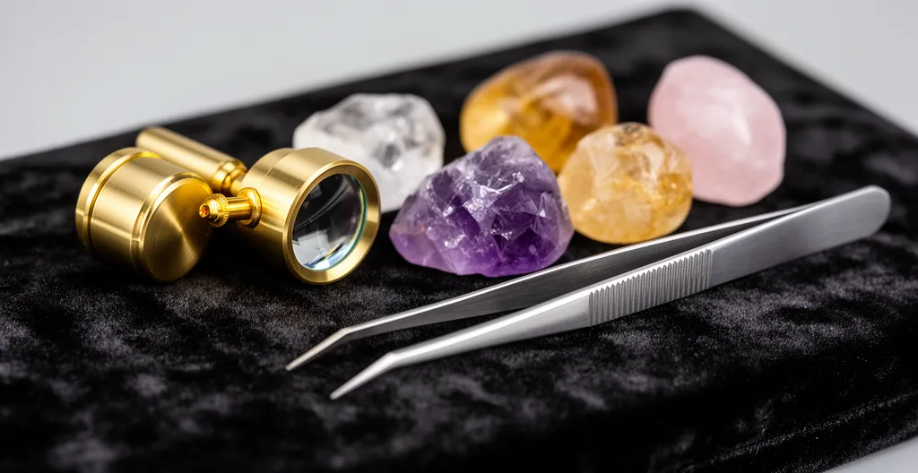 Loupe gemmologique et pince de précision posées à côté de pierres polies sur velours noir